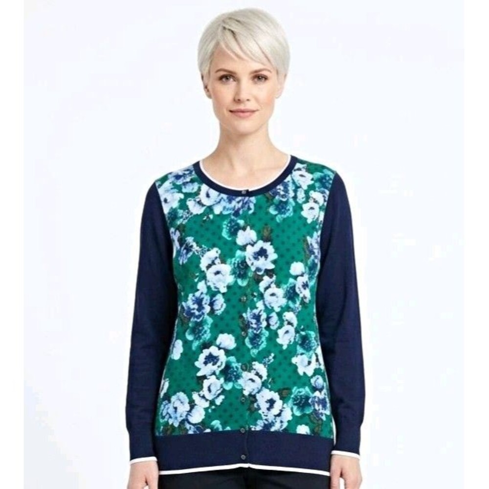 Lands' End Womens Sweater 2X Supima Cotton Floral Button Cardigan Navy Green LS